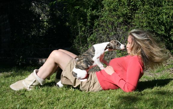 Pup 3 Male, Slater, Gives Angie a Kiss in Nysa Hill's Far Garden.